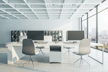 Bright concrete coworking office interior with furniture, equipment and window with city view, daylight. 3D Rendering.