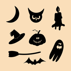 Halloween silhouettes ghost bat pumpkin owl crescent moon witch hat candle and broom