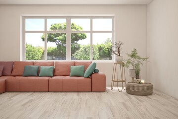 White living room with sofa and summer landscape in window. Scandinavian interior design. 3D illustration