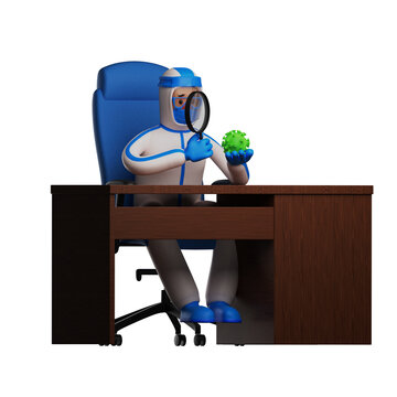 3D illustration. 3D Paramedic with Hazmat Cartoon Character examining virus with magnifying glass. by sitting on a rocking chair in front of the table. showing a serious expression. 