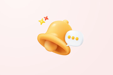 3D minimal notification bell icon with bubble speech floating around on pastel background. new alert concept for social media element. 3d bell alarm icon for message vector render illustration - obrazy, fototapety, plakaty