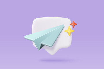 3d paper plane mail icon for send new message. Minimal email sent letter to social media online marketing. Subscribe to newsletter. 3d plane flight icon vector rendering illustration