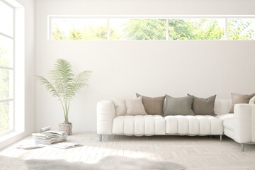 Minimalist living room in white color with sofa and summer landscape in window. Scandinavian interior design. 3D illustration