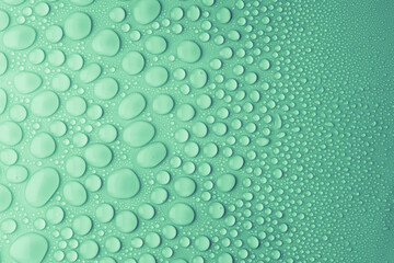 Water drops on light mint or turquoise, green background as fresh trendy color pattern with...