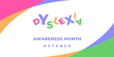 Dyslexia awareness month. Vector banner, poster, card, content for social media. Text and orange ribbon on white background. - obrazy, fototapety, plakaty