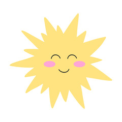 Hand drawn sun icon with happy face. Cartoon vector illustration of sunshine, girly sticker, flat style