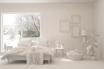 Grey bedroom with winter landscape in window. Scandinavian interior design. 3D illustration