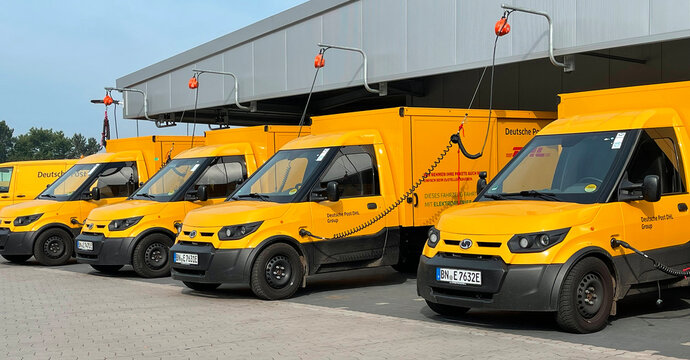 Neuenhaus, Germany - June 28 2021 - The charging station of the electrical vans of the German postal company DHL. DHL operates electrical vans which have been developed and produced by the company its