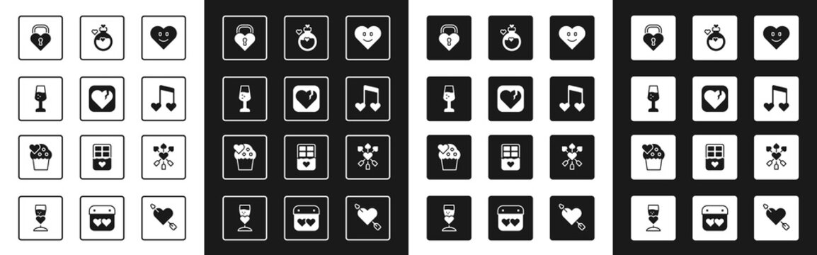 Set Heart, Broken heart or divorce, Glass of champagne, Castle in the shape, Music note, tone with hearts, Bottle love potion, Amour and arrow and Wedding cake icon. Vector
