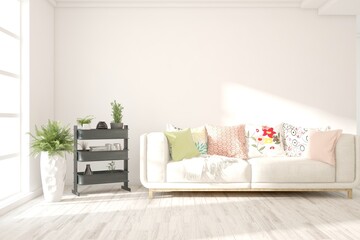 White living room with sofa. Scandinavian interior design. 3D illustration
