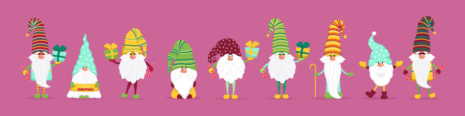 A large set of Christmas gnomes. Cute fairy tale characters with gifts and sweets. Vector illustration in flat style
