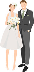 cute cartoon young wedding couple with Phalaenopsis orchid bouquet flat style