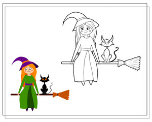 Coloring book for kids, cartoon witch flying on a broom with a cat. Vector isolated on a white background