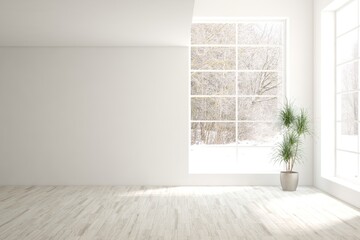 Mock up of empty room in white color with winter landscape in window. Scandinavian interior design. 3D illustration © AntonSh