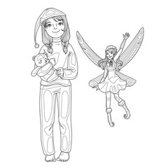 Vector characters of little girl in pujamas with toy and magic fairy in santa hat greeting. Coloring book page for children with doodle and zentangle elements.
