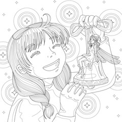 Girl laugh with fairy on shiny background. Coloring book page for adult with doodle and zentangle elements. Vector hand drawn isolated.