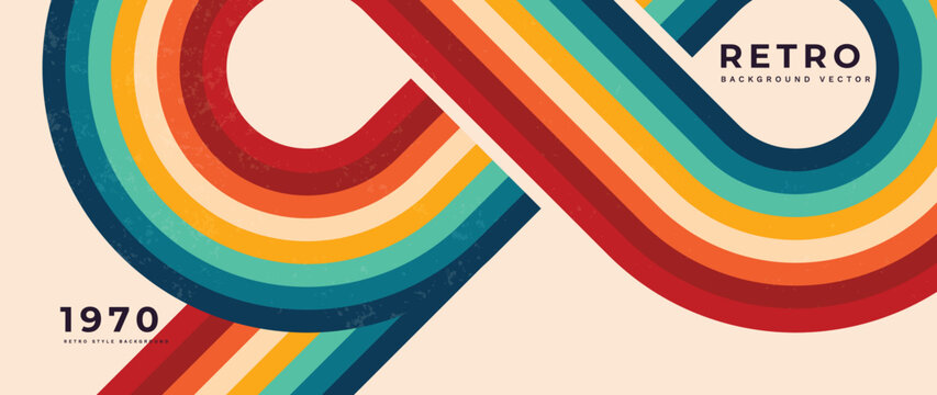 Abstract Colorful 70s Background Vector. Vintage Retro Style Wallpaper With Lines, Rainbow Stripes, Geometric Shapes. 1970 Color Illustration Design Suitable For Poster, Banner, Decorative, Wall Art.
