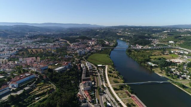Aerial View City of Coimbra and River Mondego Portugal 4k