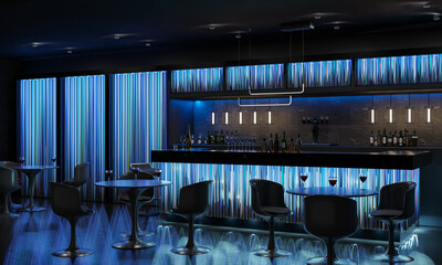 neon colorful interior of bright and beautiful night club.3d rendering.