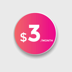 3 dollar price tag. Price $3 USD dollar only Sticker sale promotion Design. shop now button for Business or shopping promotion
