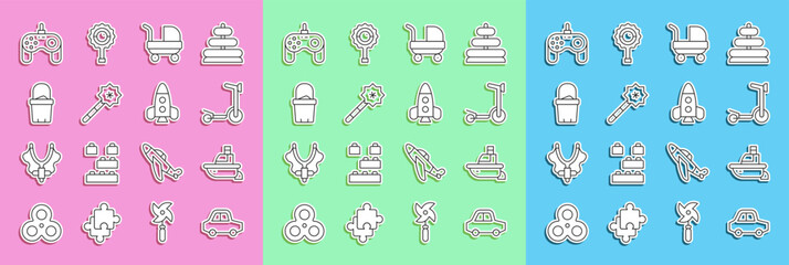 Fototapeta na wymiar Set line Toy car, boat, Roller scooter, Baby stroller, Magic wand, Sand in bucket, Gamepad and Rocket ship toy icon. Vector