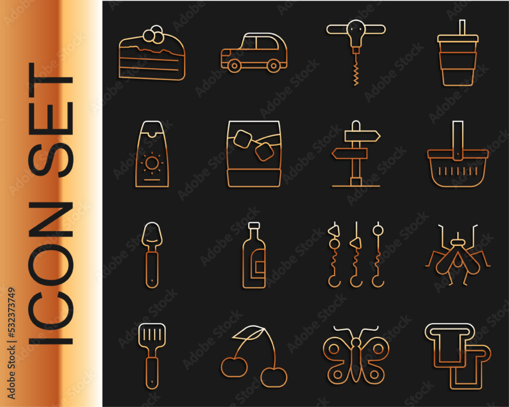 Sticker Set line Bread toast, Mosquito, Picnic basket, Wine corkscrew, Glass of whiskey with ice, Sunscreen cream tube, Piece cake and Road traffic sign icon. Vector