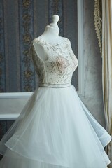 Fototapeta na wymiar Lace and embroidery on fabric with beads wedding dresses