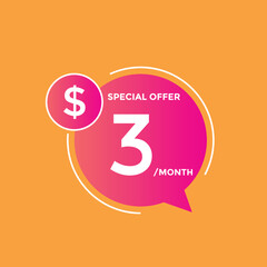 $3 USD Dollar Month sale promotion Banner. Special offer, 3 dollar month price tag, shop now button. Business or shopping promotion marketing concept
