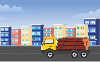 Truck wood transportation delivery moving on road. construction vehicle. vector illustration.