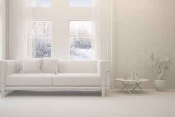 Mock up of stylish room in white color with sofa and winter landscape in window. Scandinavian interior design. 3D illustration