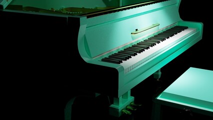 Pure lime green-gold Grand Piano under spot lighting background on black surface. 3D illustration. 3D CG. 3D high quality rendering.  