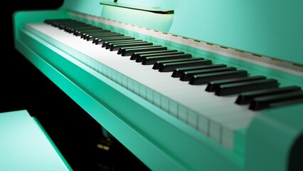 Pure lime green-gold Grand Piano under spot lighting background on black surface. 3D illustration. 3D CG. 3D high quality rendering.  