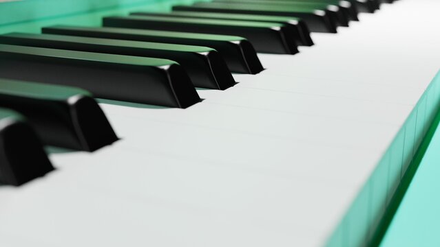 Pure lime green-gold Grand Piano under spot lighting background on black surface. 3D illustration. 3D CG. 3D high quality rendering.  