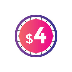 4 dollar price tag. 4$ dollar USD price symbol. price 4 Dollar sale banner in USD. Business or shopping promotion marketing concept
