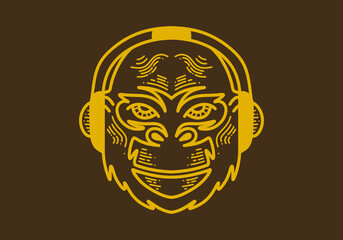Gorilla wearing headphones retro vintage line art