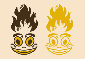 Smiling face with fire flame on it retro vintage line art