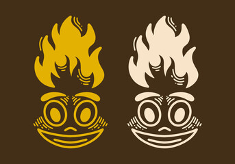 Smiling face with fire flame on it retro vintage line art