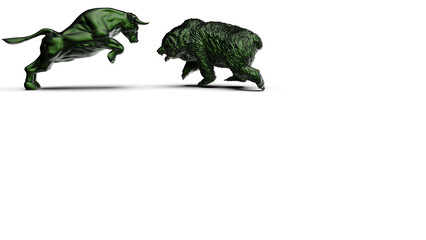 Gold bull and bear sculpture staring at each other in dramatic contrasting light representing financial market trends under white background. Concept images of stock market. 3D CG. PNG format.