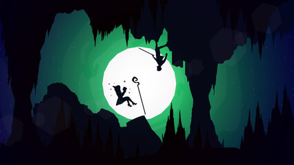 floating witch versus swordsman. silhouette of a witch. Witch Under Moon Night and Dark Day. witch with magic wand. witch in cave. wizard in cave wallpaper.