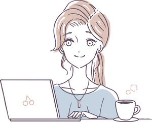 ノートパソコンでリモートワークをするおしゃれな女性のイラスト素材　在宅　コーヒー　PC　ノマド