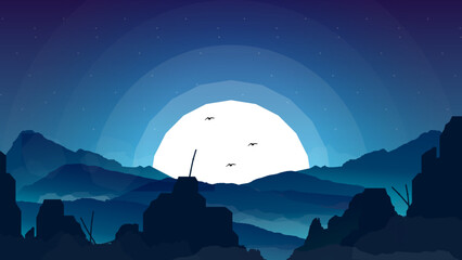 landscape with mountains. mountains in the night walpaper. mountains desktop background. the moon over the mountains. 