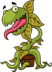Fototapeta premium Hungry Evil Carnivorous Plant Cartoon Character. Hand Drawn Illustration Isolated On Transparent Background