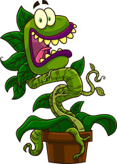 Scared Evil Carnivorous Plant Cartoon Character. Hand Drawn Illustration Isolated On Transparent Background