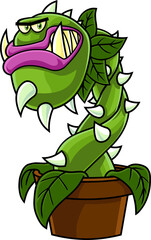 Angry Evil Carnivorous Plant Cartoon Character. Hand Drawn Illustration Isolated On Transparent Background