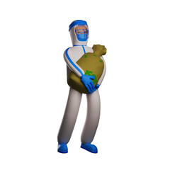 3D illustration. 3D Paramedic with Hazmat character illustration having a sack of medicine. standing funny. showing a cute face. 3D Cartoon Character