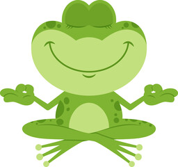Cute Green Frog Cartoon Character Meditates. Hand Drawn Illustration Isolated On Transparent Background