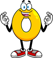 Funny Yellow Number Zero 0 Cartoon Character Showing Hands Number Zero. Hand Drawn Illustration Isolated On Transparent Background