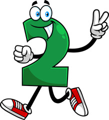 Funny Green Number Two 2 Cartoon Character Showing Hand Number Two. Hand Drawn Illustration Isolated On Transparent Background
