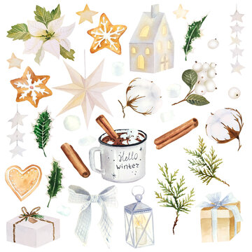 White christmas watercolor elements isolated