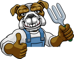 A bulldog gardener cartoon gardening animal mascot holding a garden fork tool peeking round a sign and giving a thumbs up